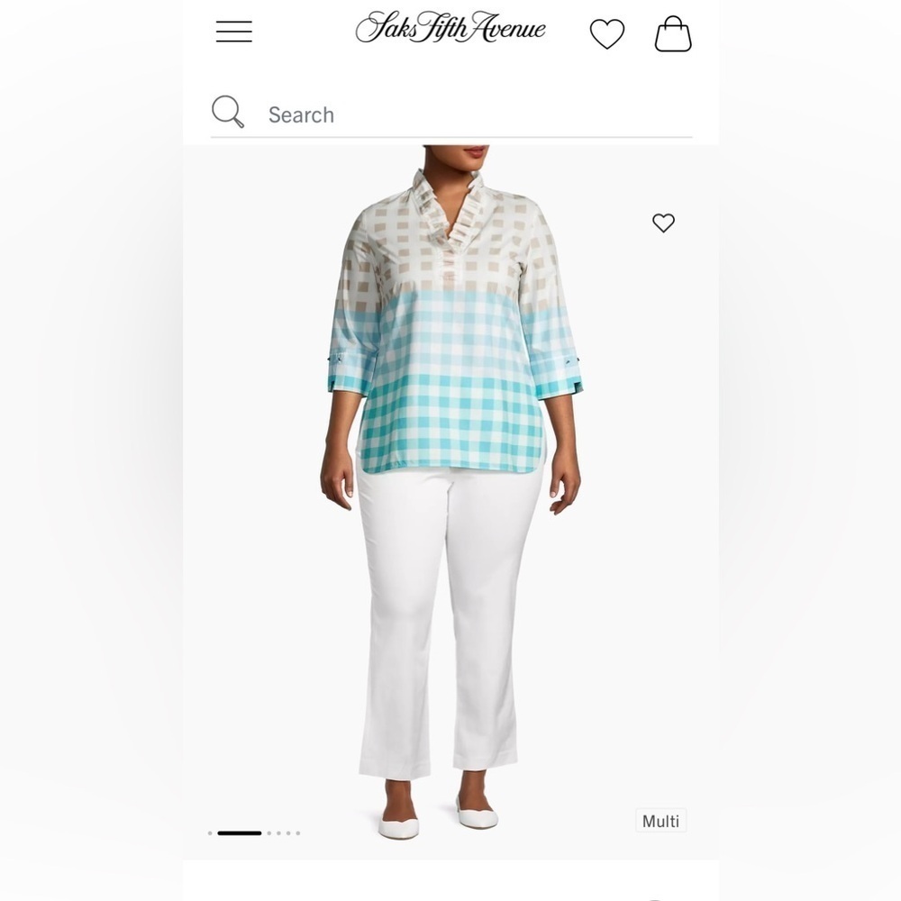 Ming Wang Women’s Ruffled Cotton Gingham Blouse Spring Casual Tan/Blue Size Med